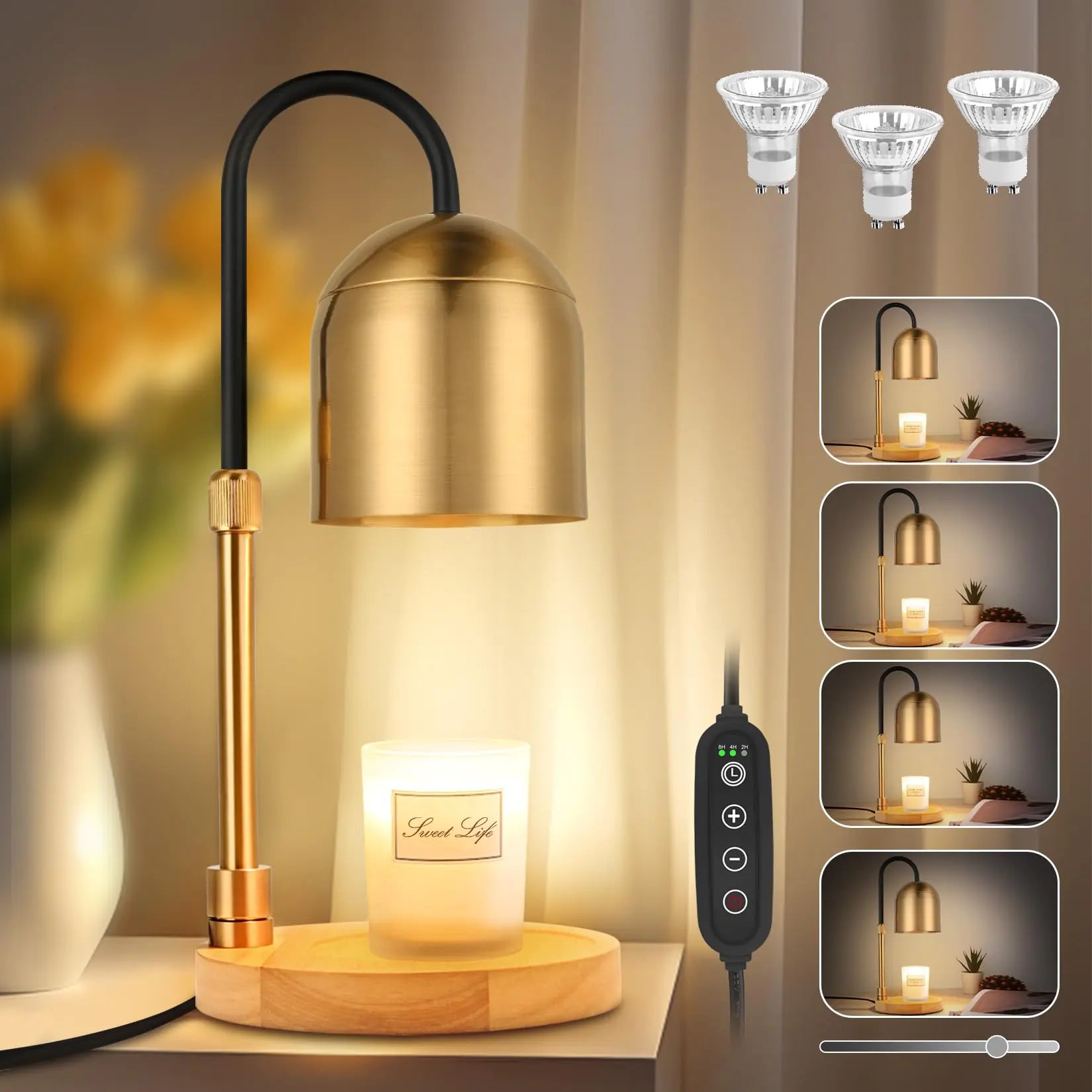tudepz Candle Warmer Lamp with Timer & 3 Bulbs Dimmable Electric Candle Light Adjustable Height and Brightness Candle Wax Warmer for Jar Candles Bedroom Home Decor House Warming Gift (Round Gold)